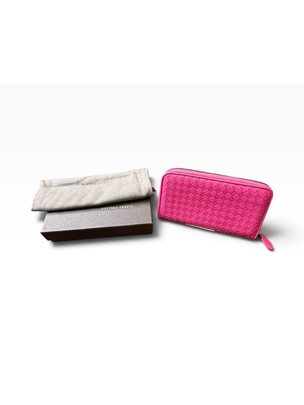 Bottega Veneta Intrecciato Fuchsia Pink Leather Zip Around Wallet Box Dust Bag